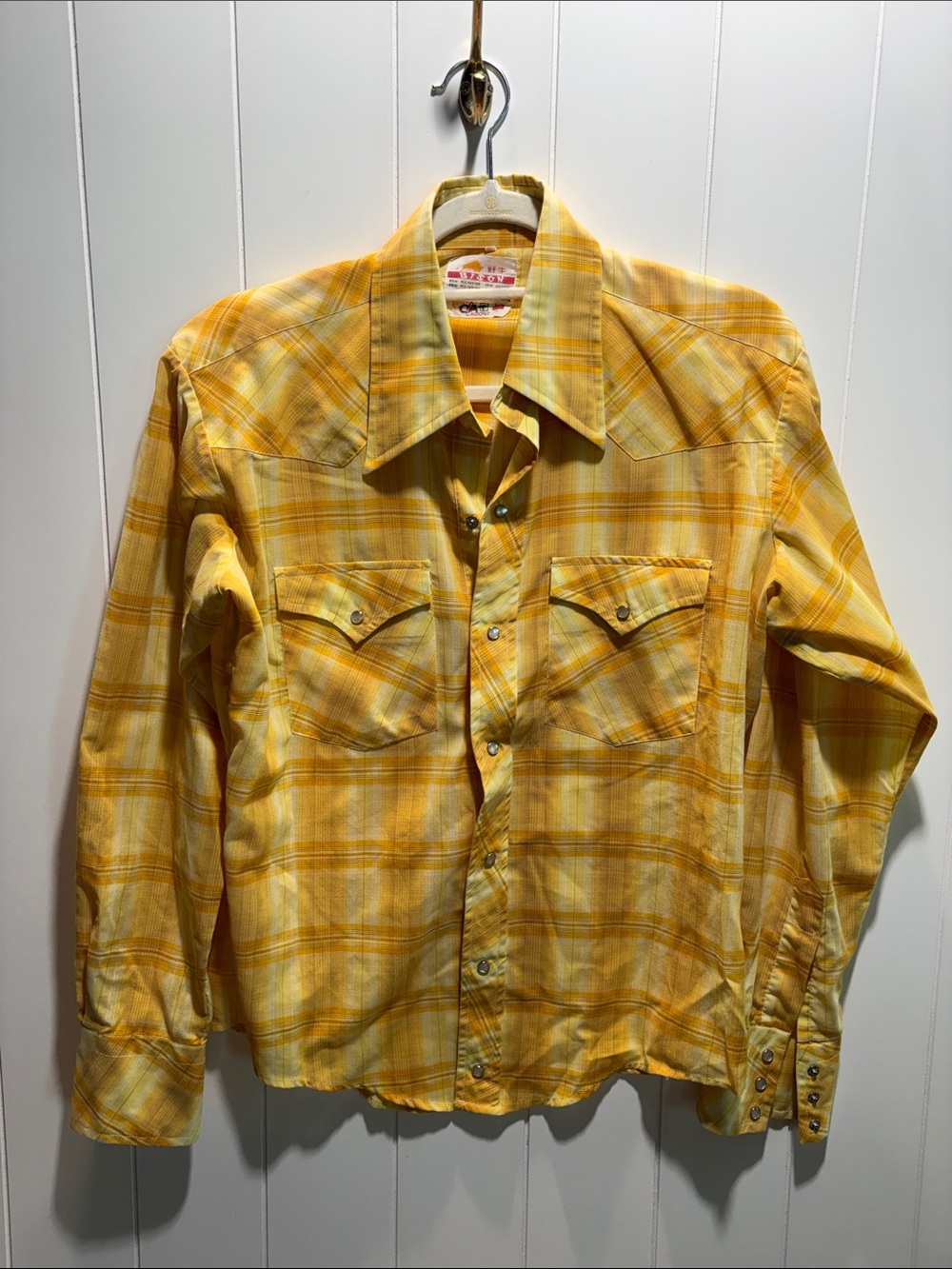 Vintage Bison brand yellow plaid western wear shirt pearl snaps M